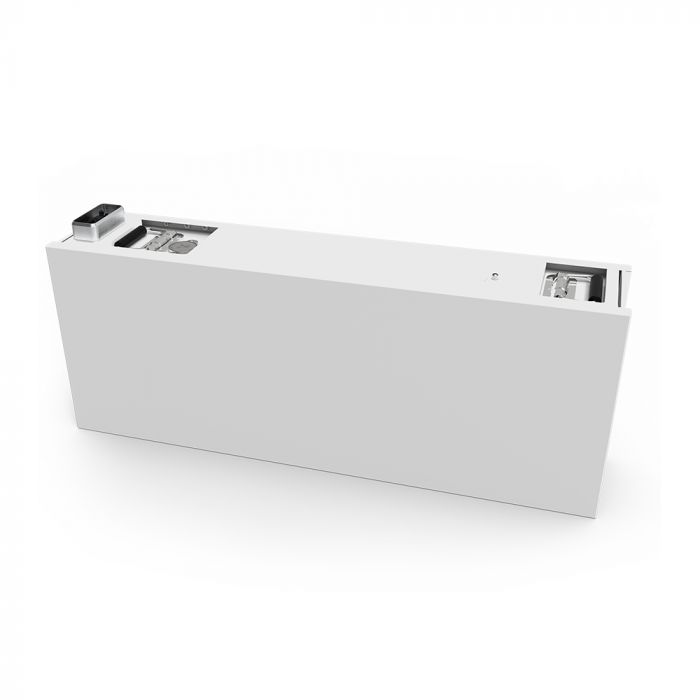 White rectangular battery module with visible connection ports on the top surface, designed for energy storage systems.