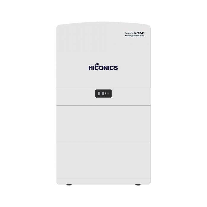 Front view of a white Hiconics hybrid inverter and battery unit with a central control panel, featuring the V-TAC and Hiconics logos.