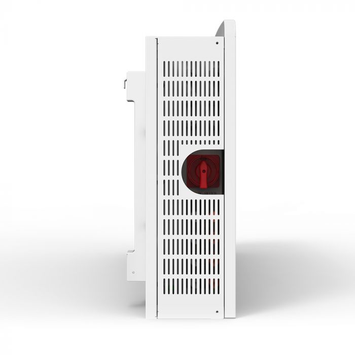 Side view of a white hybrid inverter and battery unit with ventilation slits and a red circular power switch.