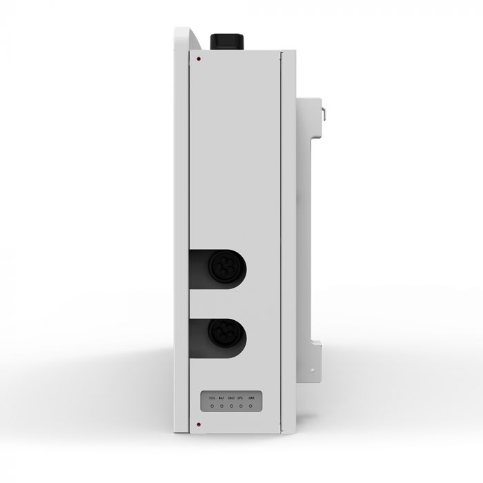 Side view of a white hybrid inverter and battery unit showing two circular ports and a panel with labeled LED indicators at the bottom.