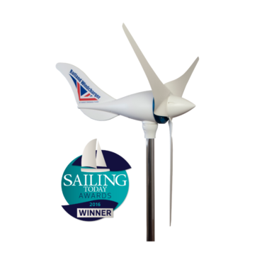 Rutland 1200 Windcharger with three-blade turbine on a pole, featuring 'Sailing Today Awards 2016 Winner' badge indicating marine performance.