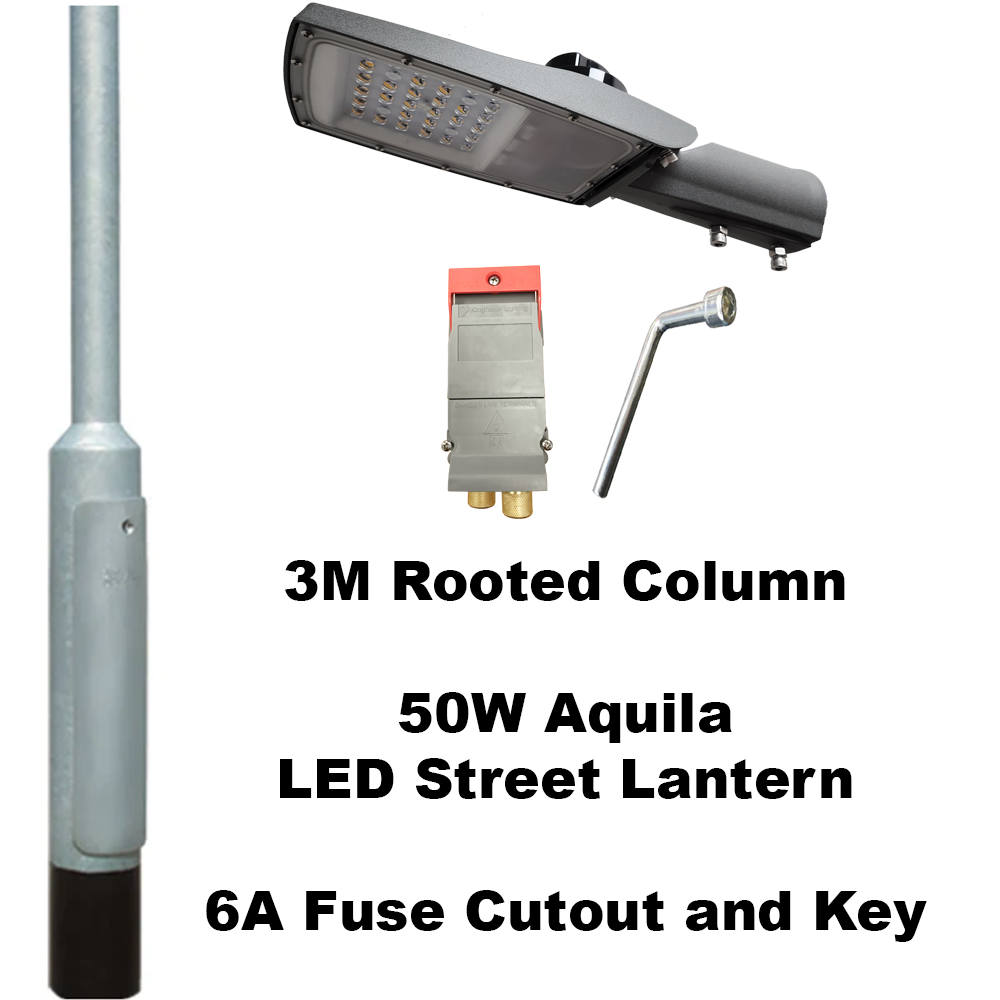 Premium 3 Metre Lighting Column Package c/w 30W or 50W Apollo LED Street Lantern, Fuse Cutout & Key