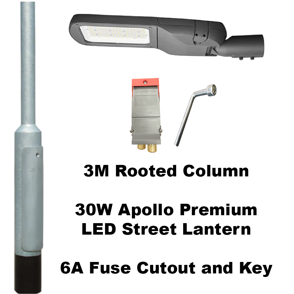 Premium 3 Metre Lighting Column Package c/w 30W or 50W Apollo LED Street Lantern, Fuse Cutout & Key