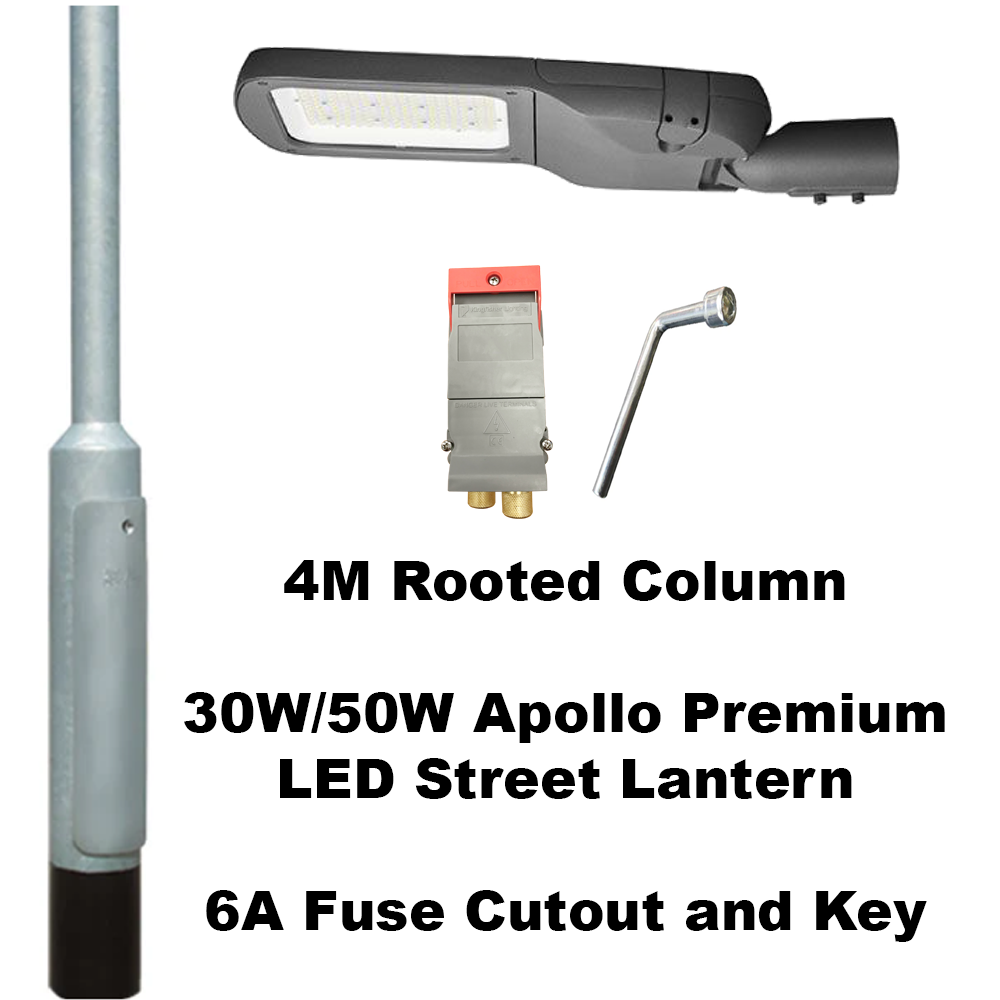 Premium 4 Metre Lighting Column Package c/w 30W or 50W Apollo LED Street Lantern, Fuse Cutout & Key