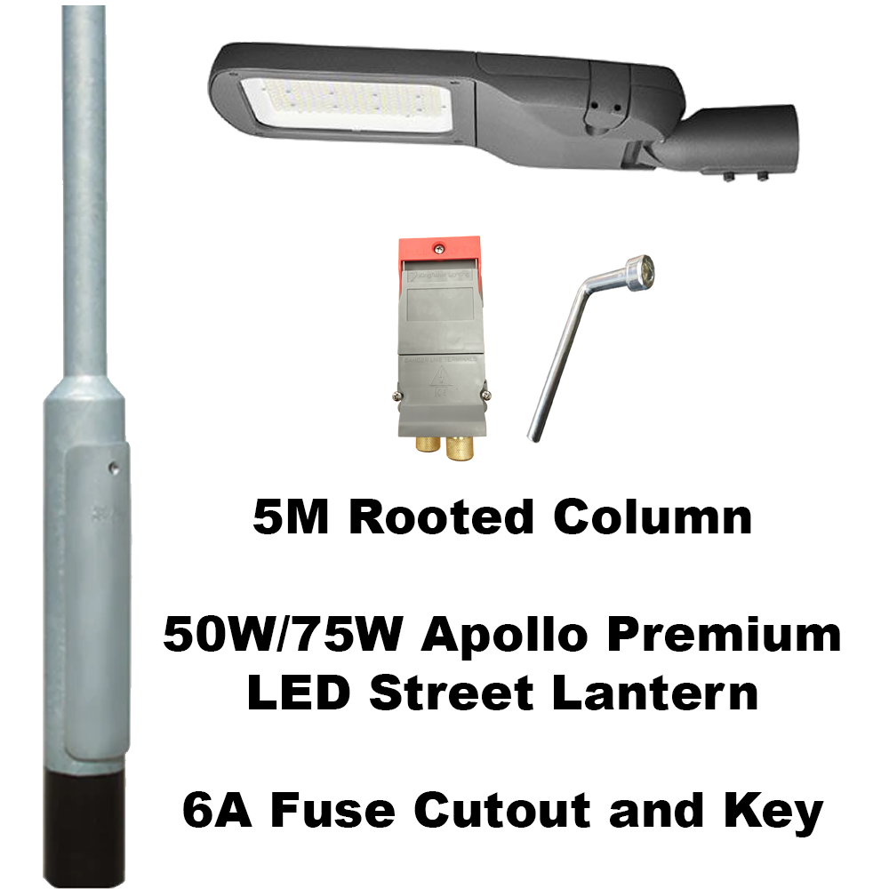 Premium 5 Metre Lighting Column Package c/w 50W or 75W Apollo LED Street Lantern, Fuse Cutout & Key