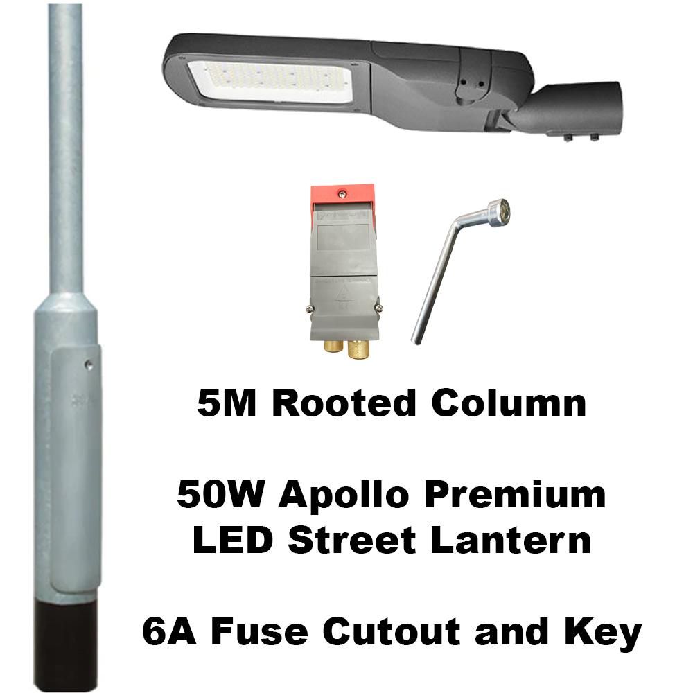 Premium 5 Metre Lighting Column Package c/w 50W or 75W Apollo LED Street Lantern, Fuse Cutout & Key