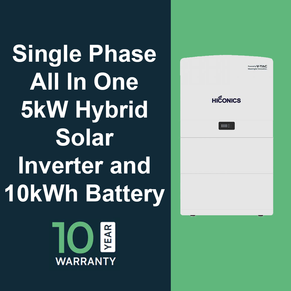 Image of a Hiconics single-phase all-in-one 5kW hybrid solar inverter and 10kWh battery unit. Text on the image reads: 'Single Phase All In One 5kW Hybrid Solar Inverter and 10kWh Battery'. A badge at the bottom left states '10 Year Warranty'.