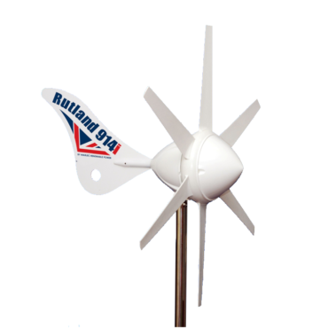 Rutland 914i Windcharger with six-blade rotor and tail fin, mounted on a pole. Compact wind turbine for off-grid power generation.