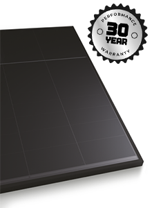 Close-up of Aiko AIK-A-MAH54-465-AB-G2 all-black monocrystalline solar panel with a 30-year performance warranty badge.