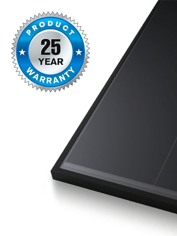Close-up of an Aiko 510W monocrystalline solar panel with 25-year product warranty badge.