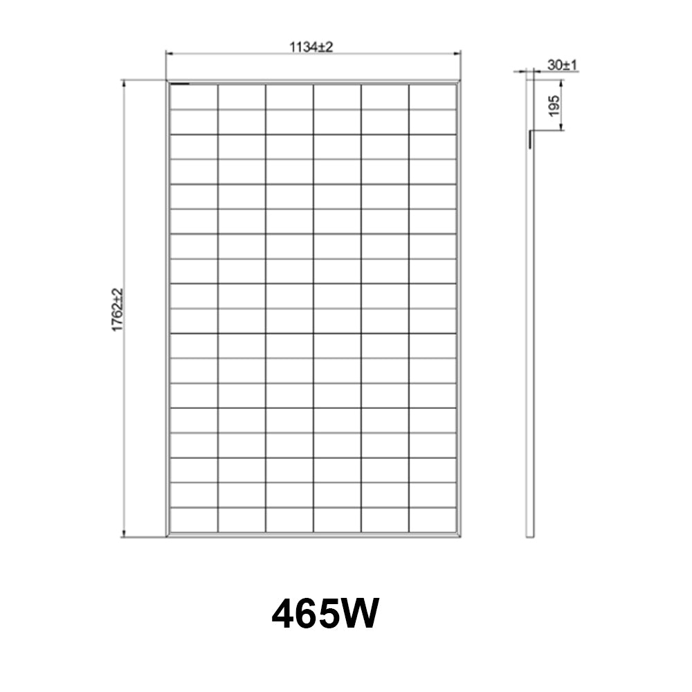 Technical drawing of the Aiko 465W N-Type ABC Monocrystalline Solar Panel showing dimensions: 1762 mm height, 1134 mm width, and 30 mm thickness.
