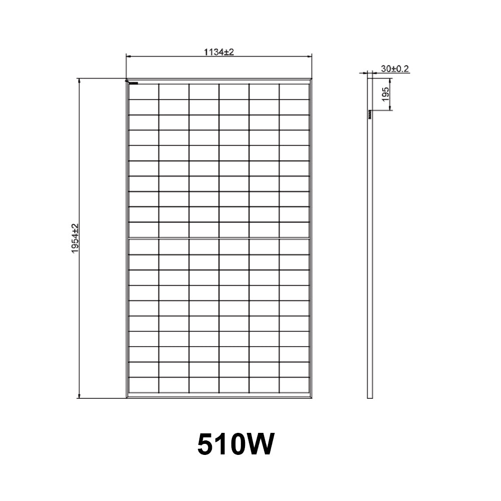 Technical drawing of Aiko 510W monocrystalline solar panel showing dimensions: 1954 mm height, 1134 mm width, and 30 mm thickness.