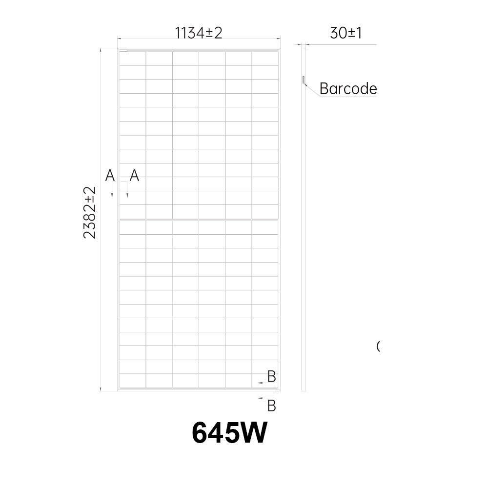 Technical drawing of Aiko 645W N-Type ABC monocrystalline solar panel with dimensions 2382 mm by 1134 mm and 30 mm thickness, showing cell layout and barcode location.
