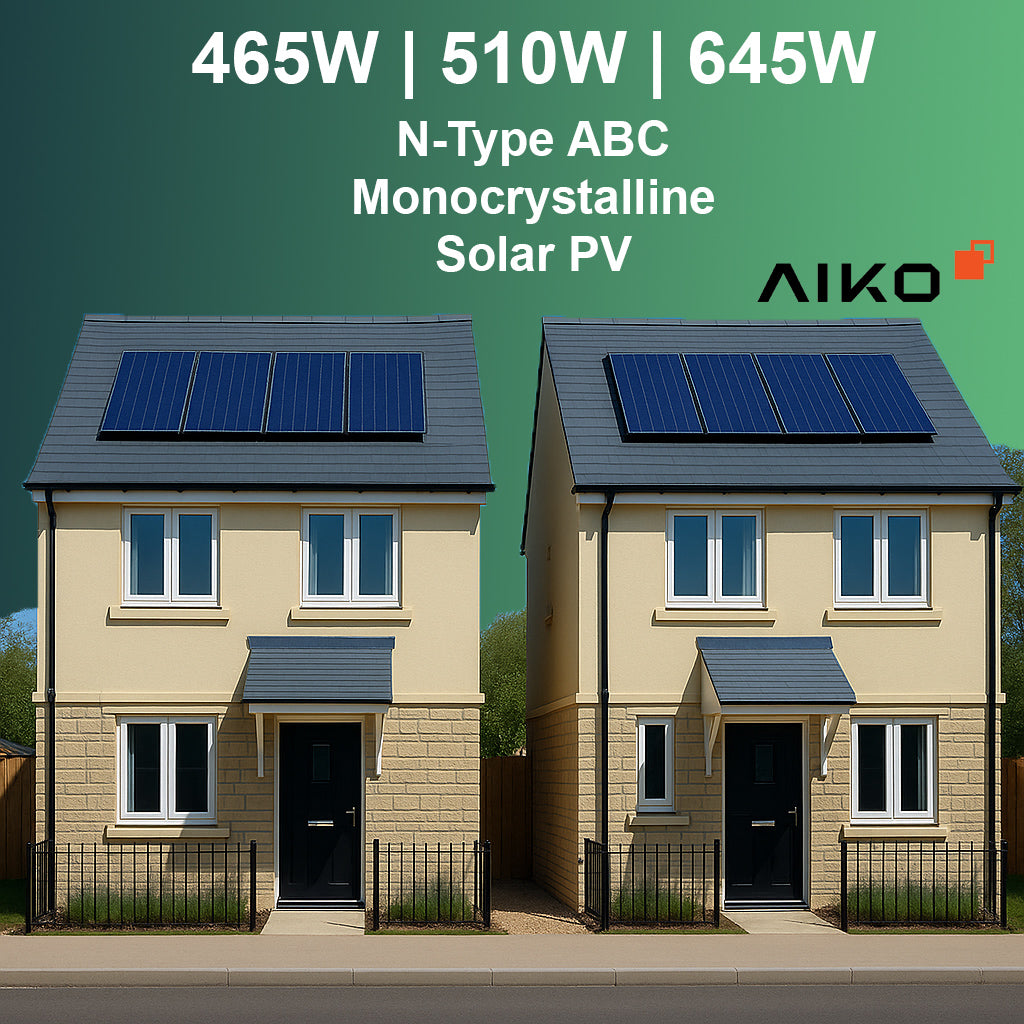 Two modern detached homes with rooftop Aiko N-Type ABC Monocrystalline Solar PV panels in 465W, 510W, and 645W options, set against a gradient green background with the Aiko logo and product specifications displayed.