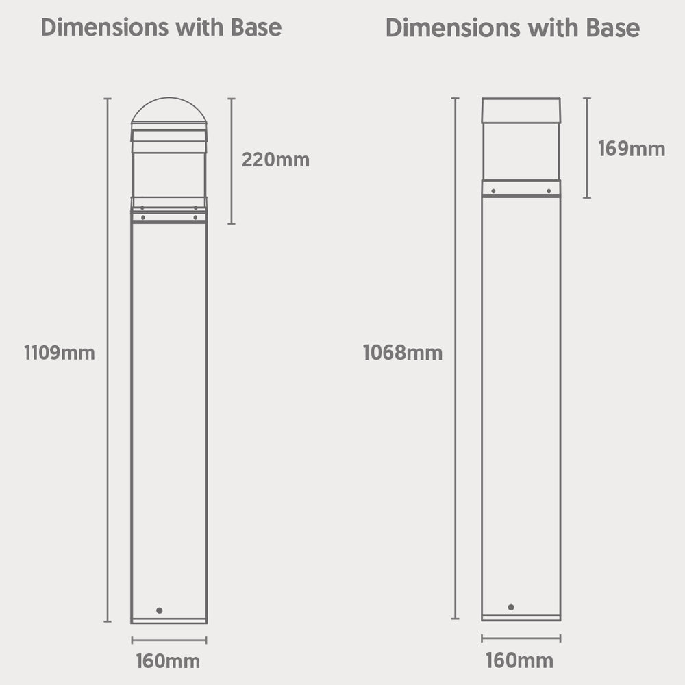 Technical drawing showing dimensions of two LED bollard lights with bases. The dome-top model is 1109mm high and 160mm wide; the dome section is 220mm tall. The flat-top model is 1068mm high and 160mm wide; the top section is 169mm tall.