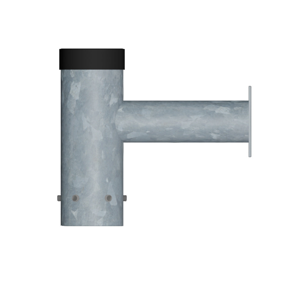 Robust Standard Duty Single CCTV bullet camera bracket: hot‑dipped galvanized steel, fits 3–12 m columns, easy install with grub screws and cable routing, durable & corrosion‑resistant.