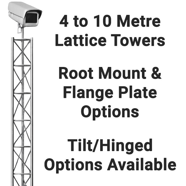 Galvanized lattice CCTV tower and text listing specifications: 4 to 10 metre lattice towers, root mount and flange plate options, and tilt/hinged options available.