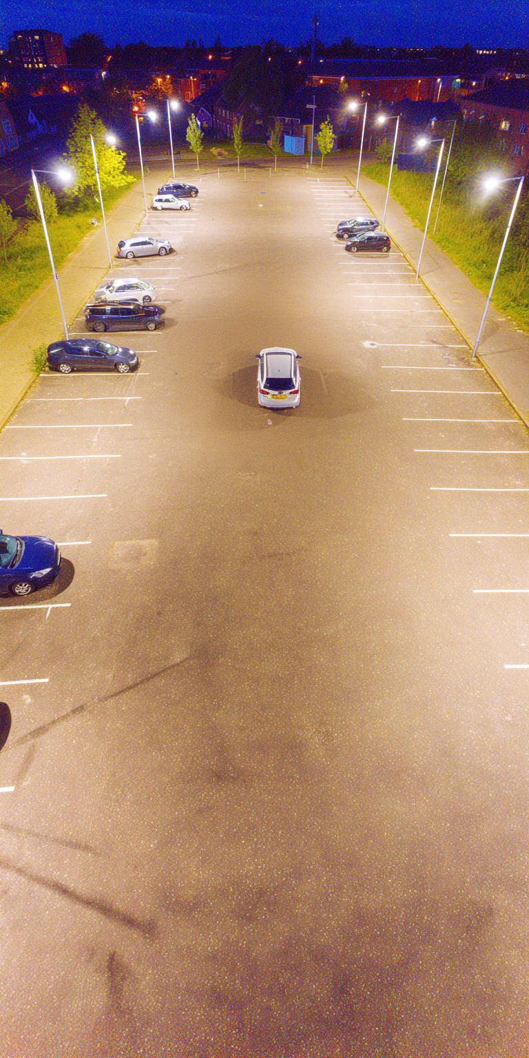Evening view of a well-lit car park using energy-efficient LED street lanterns mounted on columns.