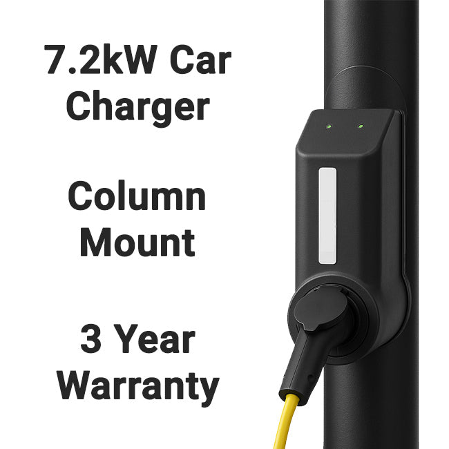 7.2kW car charger with column mount and 3-year warranty text on a white background