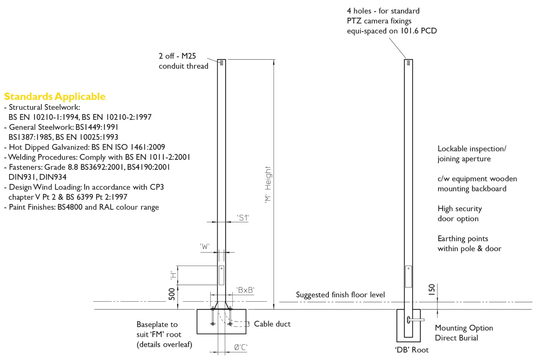 Technical drawing of fixed square CCTV column with mounting options, PTZ camera fixings, cable duct, and standards for steelwork, welding, and finishes.