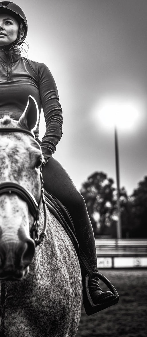 Equestrian arena lit with LED floodlights at night – woman riding horse