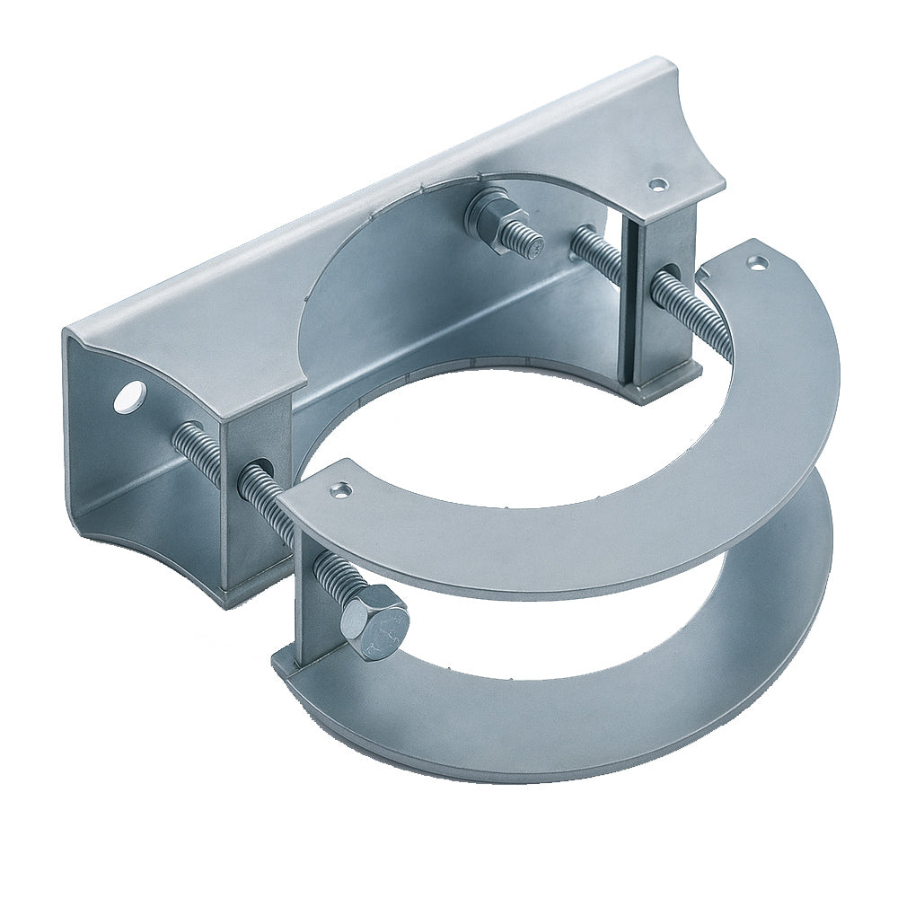 Heavy-duty zinc plated steel pole mounting bracket with dual U-bolt clamps and adjustable threaded rods, designed for securing equipment to round poles.