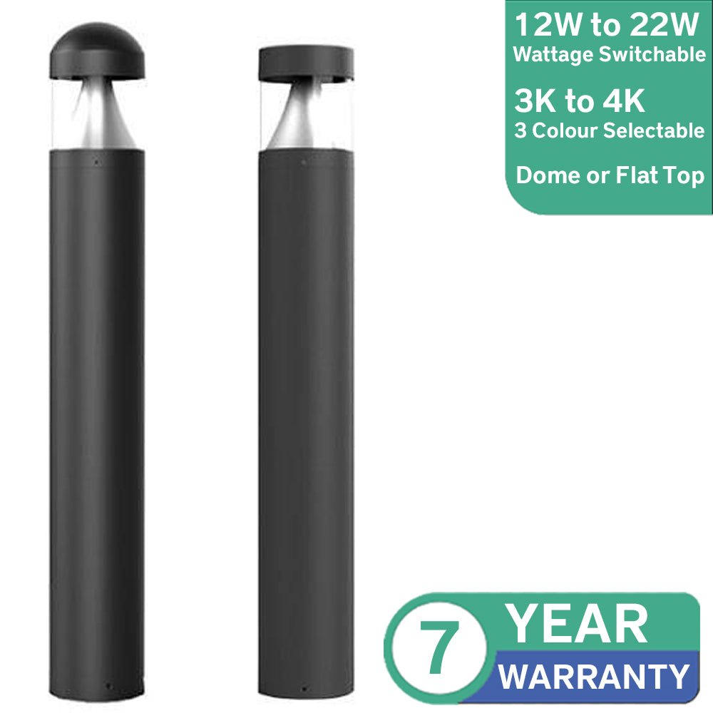Two black LED bollard lights with clear diffuser tops, shown in dome and flat top versions. Wattage (12W–22W) and colour (3K–4K) selectable. 7-year warranty badge.