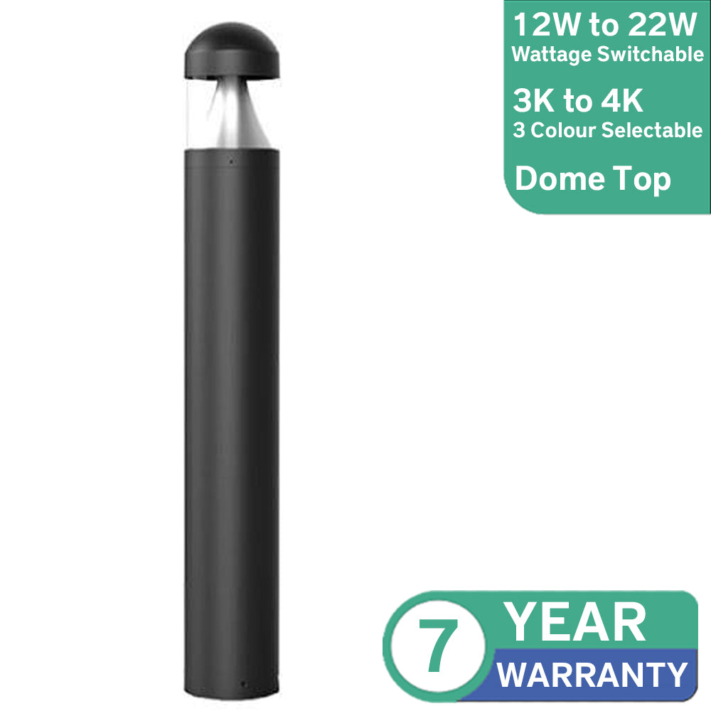 Black LED bollard light with dome top, cone reflector, and clear diffuser. Features 12W–22W switchable wattage, 3K–4K selectable colour, and 7-year warranty.