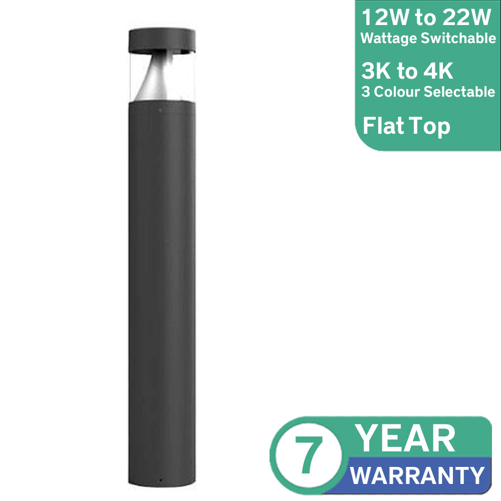 Black LED bollard light with flat top, cone reflector, and clear diffuser. Features 12W–22W switchable wattage, 3K–4K selectable colour, and 7-year warranty.