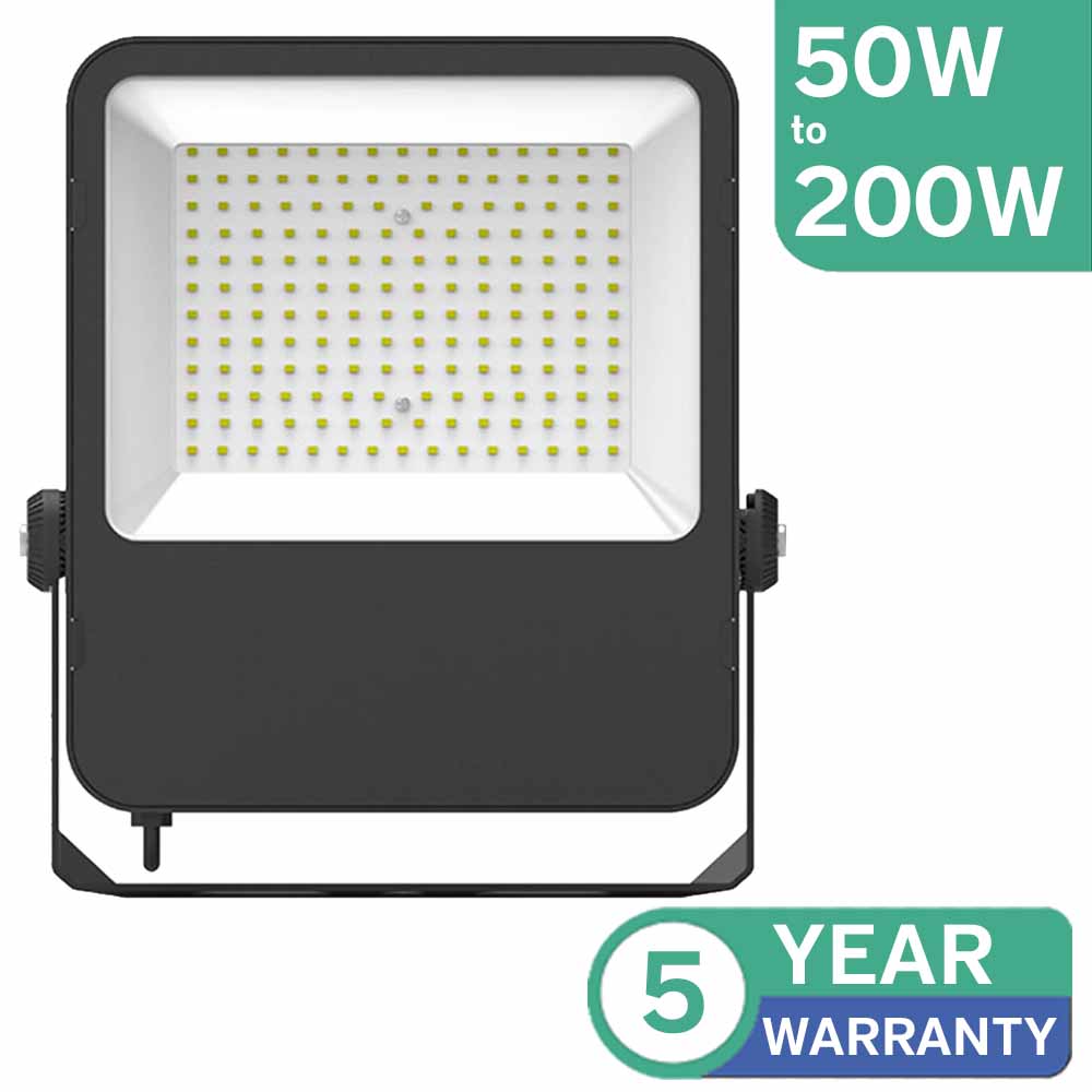 A black-finished 50W to 200W exterior CORE LED floodlight with a symmetrical beam angle, rated at 50W to 200W, and comes with a 5-year warranty.