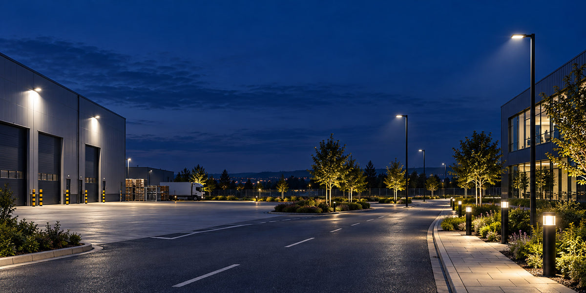 Commercial exterior lighting with LED street lanterns, floodlights and bollards at night