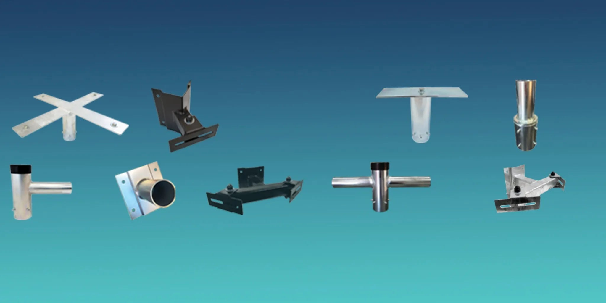 Various lighting column brackets for LED, CCTV, and floodlight mounting – galvanized and black finish options on blue background