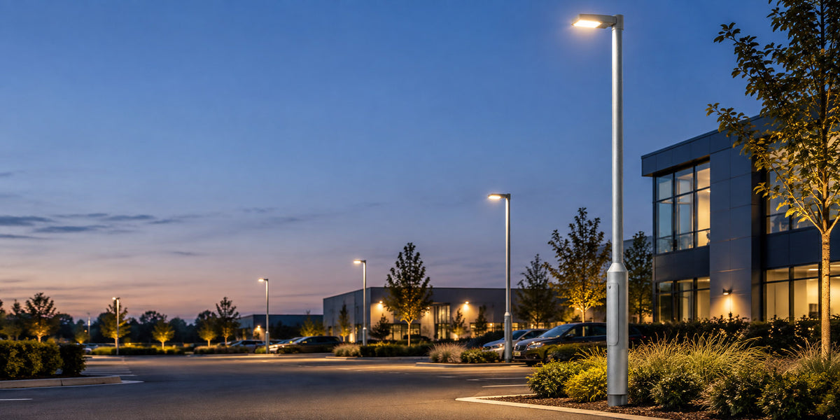 Galvanized lighting columns with LED street lanterns in a commercial car park at dusk