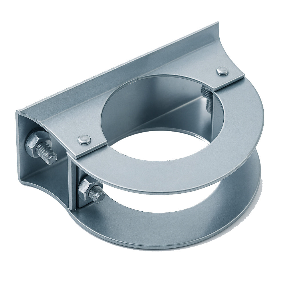 Heavy-duty zinc plated steel pole-mounted bracket with dual clamping rings and hex bolts, designed for secure attachment of equipment to round poles.