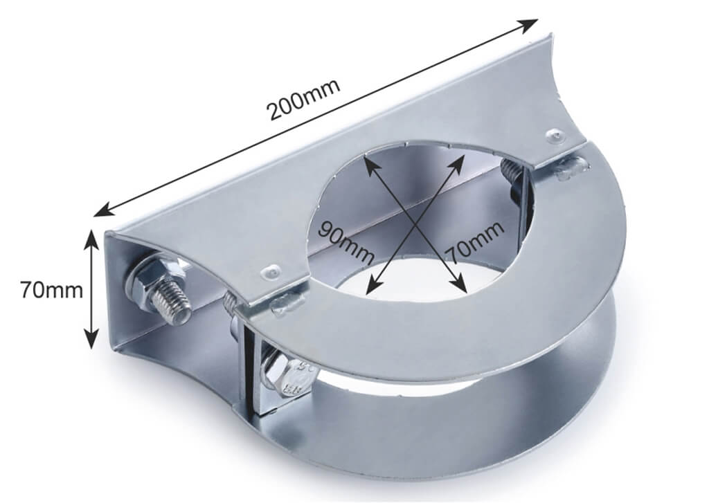 Steel pole-mounted bracket with circular clamp and hex bolts, showing dimensions: 200mm width, 70mm height, and internal hole size 90mm x 70mm—ideal for securing equipment to round poles.