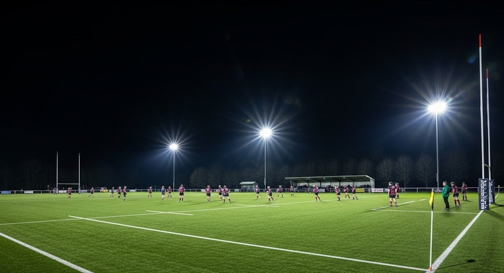 Rugby match underway on a floodlit pitch at night, demonstrating effective LED sports lighting for player safety and visibility.