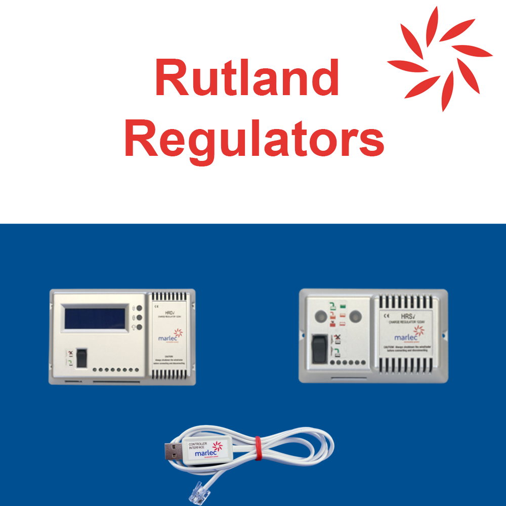 Rutland Regulators from Marlec – Wind and solar charge controllers for renewable energy systems. Image shows HDI and HRSi regulators with USB data cable, used for managing power from Rutland windchargers and solar panels.