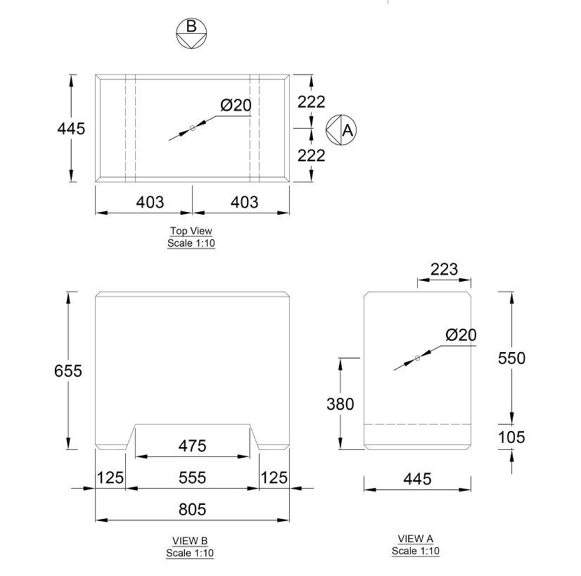 Technical drawing of precast concrete foundation block with 20mm bolt holes and detailed dimensions for lighting or column installations. Can also be used for Marquees.