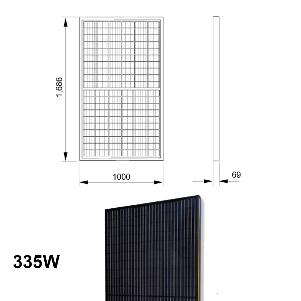 Technical drawing and angled view of a Viridian Solar 335W monocrystalline roof-integrated solar panel, showing dimensions of 1686mm height, 1000mm width, and 69mm depth.
