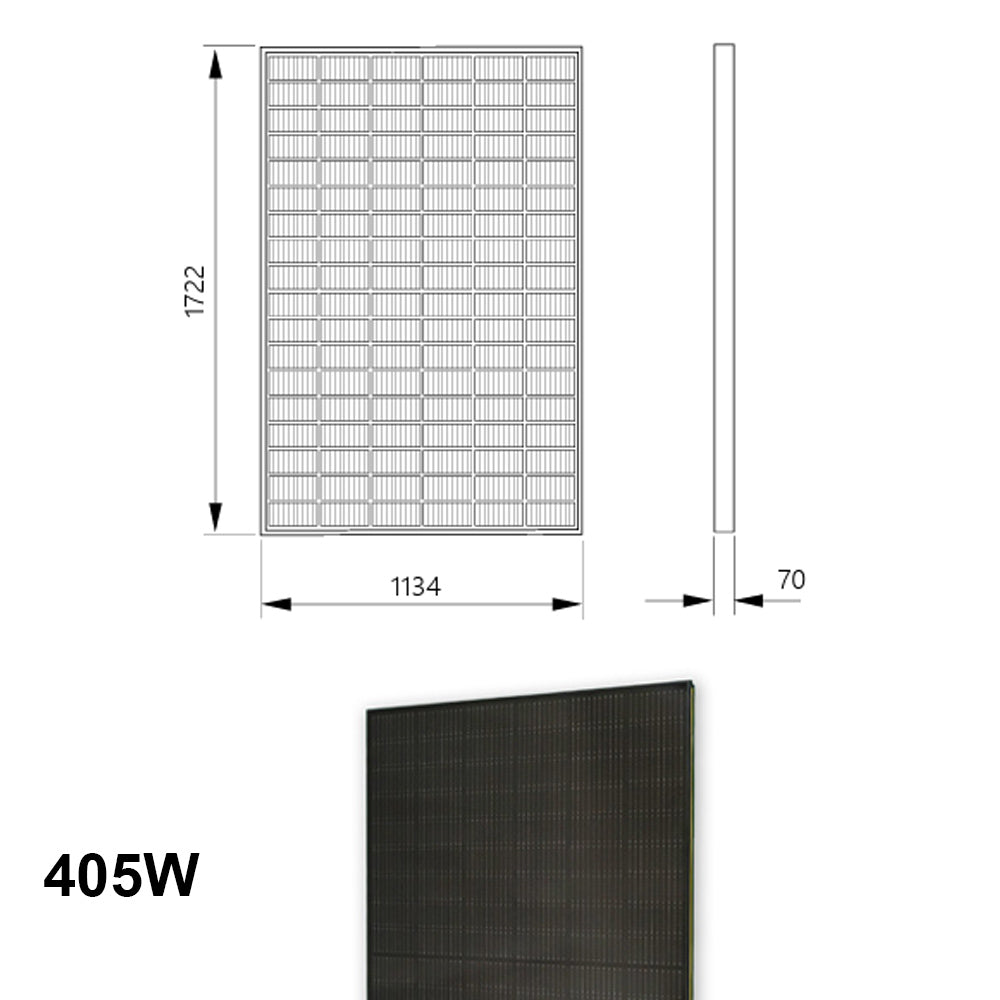 Technical diagram and angled view of a Viridian Solar 405W monocrystalline roof-integrated solar panel, with dimensions of 1722mm height, 1134mm width, and 70mm depth.
