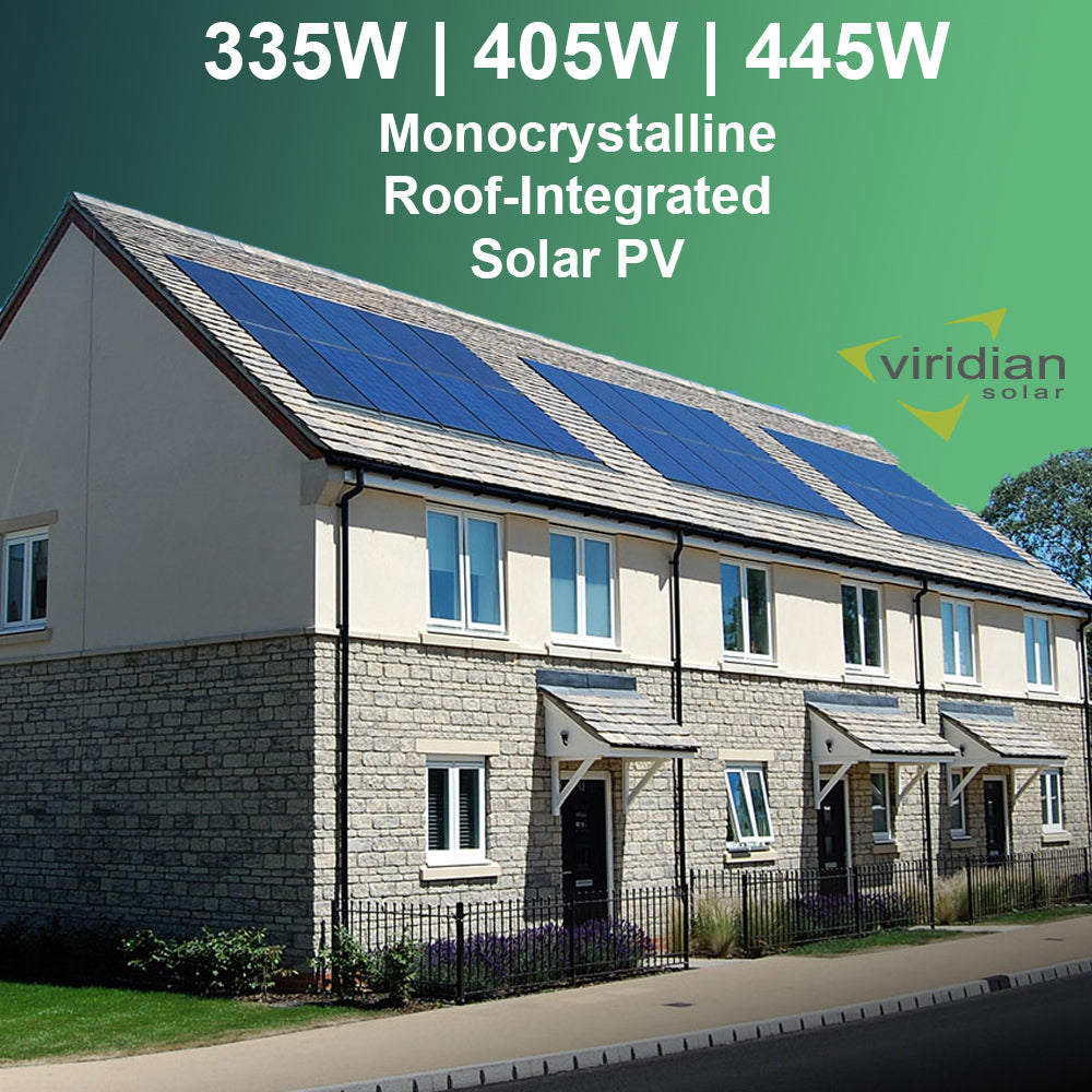 Row of modern terraced homes featuring Viridian Solar roof-integrated monocrystalline solar PV systems rated at 335W, 405W, and 445W, with discreet flush-mounted panels blending into the roofline.