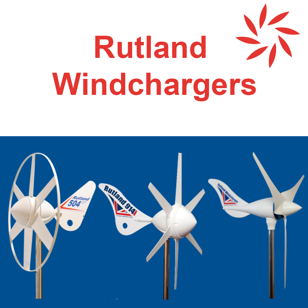 Rutland Windchargers by Marlec – shown models include Rutland 504, 914i, and FM910-4 wind turbines for off-grid battery charging in marine, land, and remote applications.