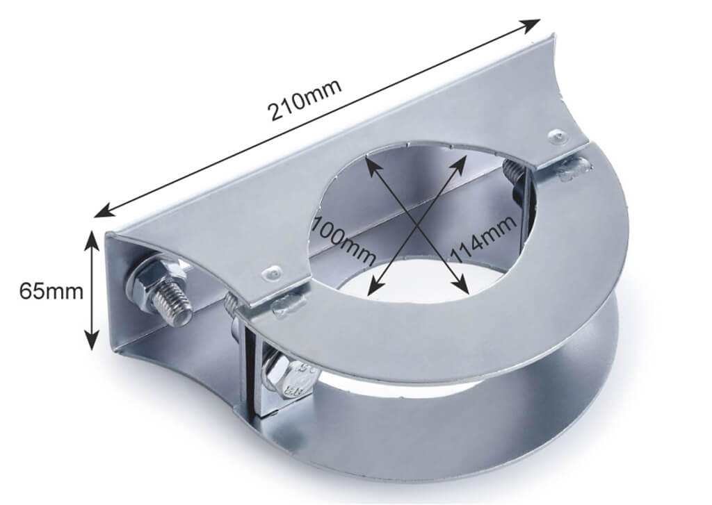 Zinc Plated steel pole mounting bracket with dimensions 210mm wide by 65mm high, featuring a 100mm x 114mm adjustable clamping diameter for securing equipment to columns; includes dual U-bolt fasteners and heavy-duty construction.