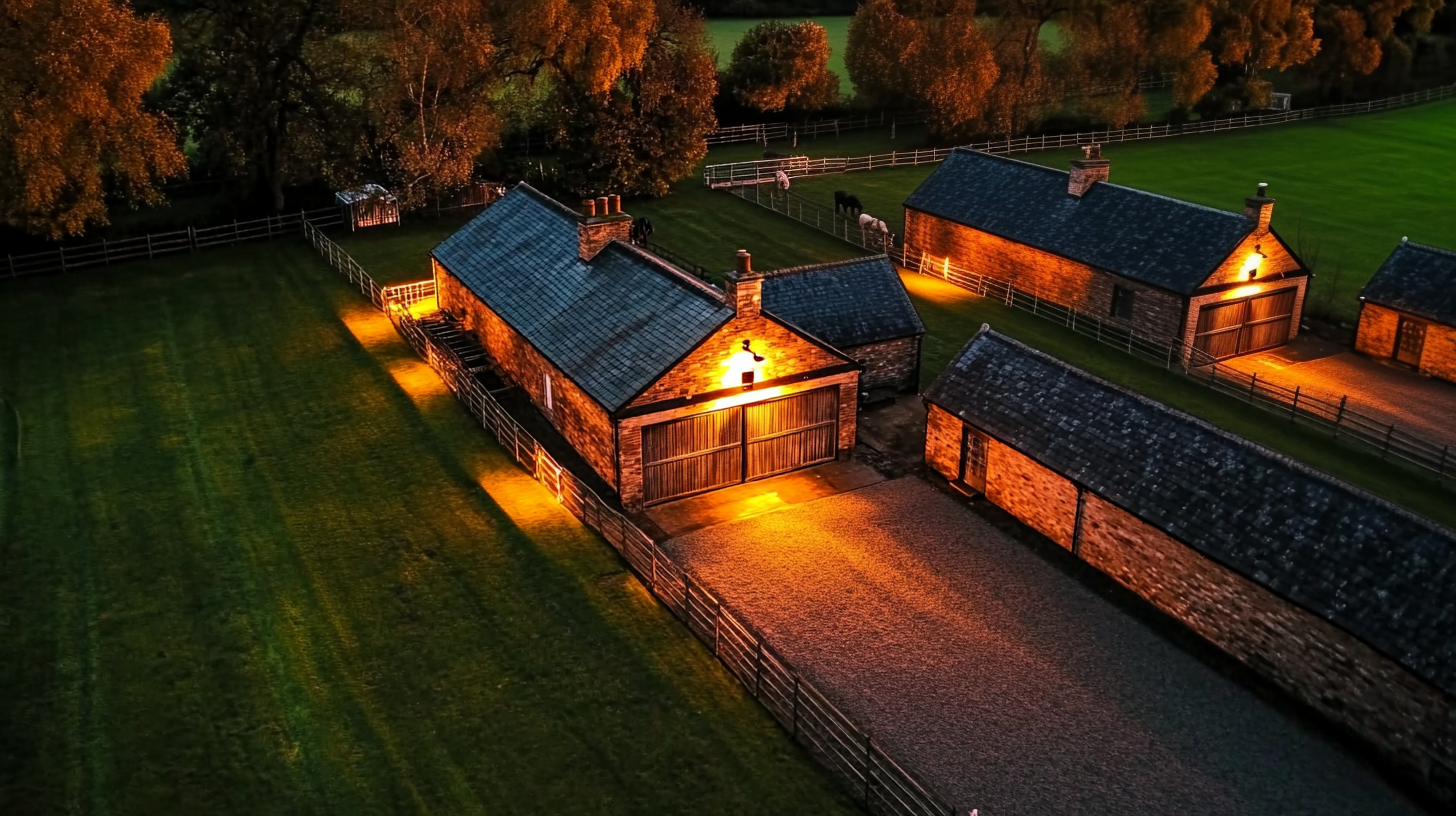 Exterior view of stables at night with LED lighting installed