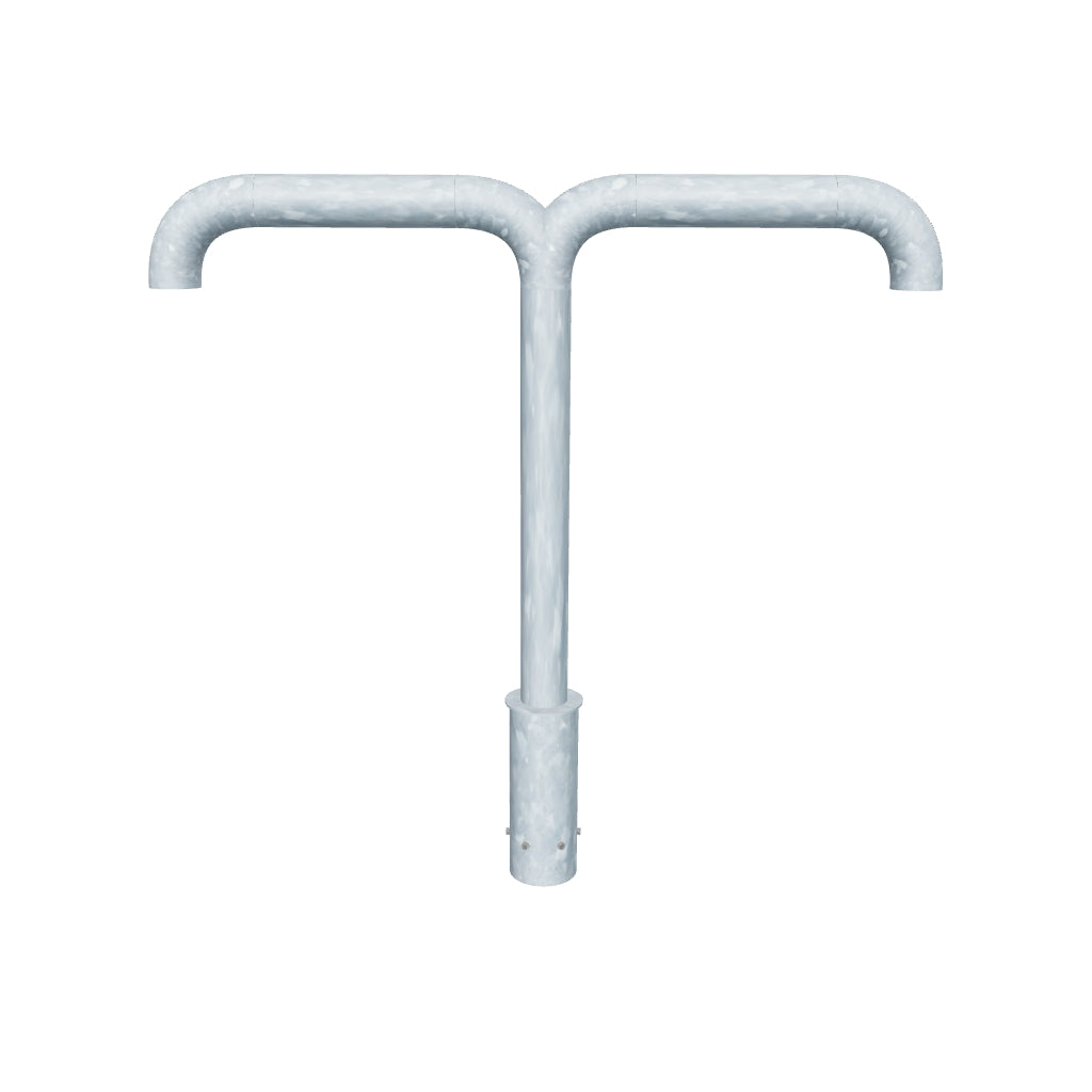 Hot-dipped galvanized swan-neck bracket for dome/PTZ CCTV on 3–12 m columns. Pre-drilled, cable-friendly, twin, built for durability & easy install.