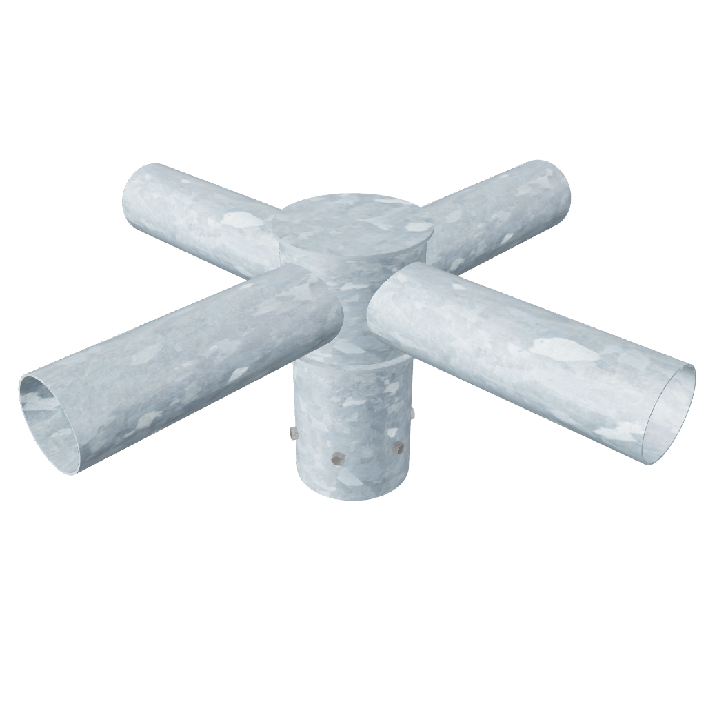 Quad galvanized steel outreach-arm lantern bracket for 3 m–12 m columns with internal cable routing, pre-drilled holes, and secure grub screw fittings.