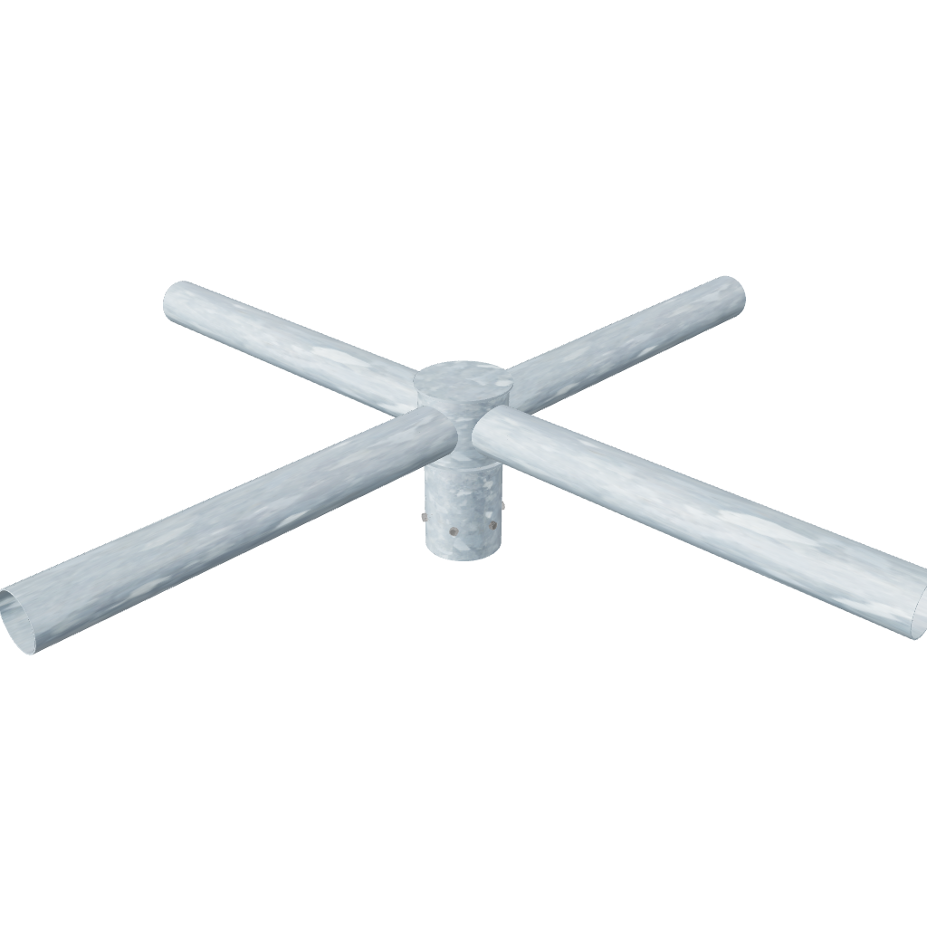 Quad galvanized steel outreach-arm lantern bracket for 3 m–12 m columns with internal cable routing, pre-drilled holes, and secure grub screw fittings.