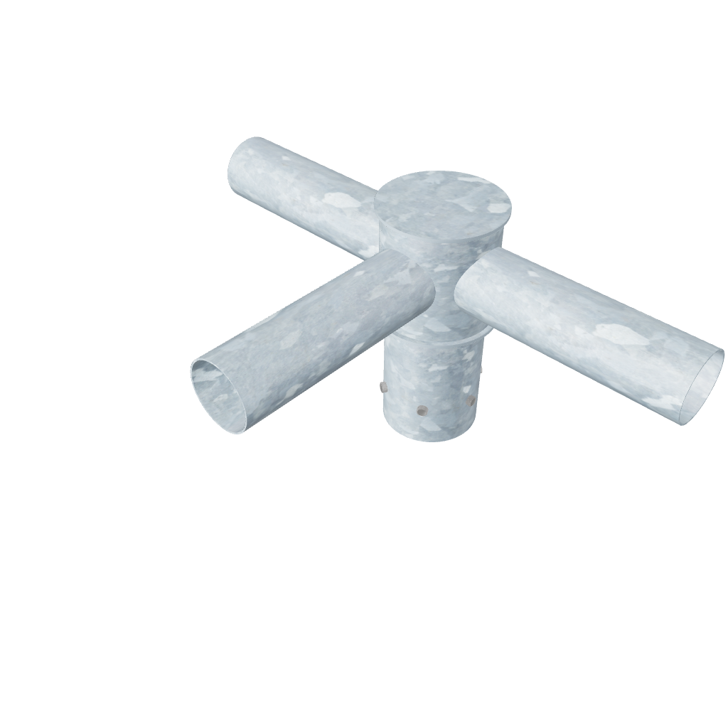 Triple galvanized steel lantern bracket with 200–500 mm outreach arms, for 3–12 m columns (42–76 mm diameter outreach), with cable routing and fixing points.