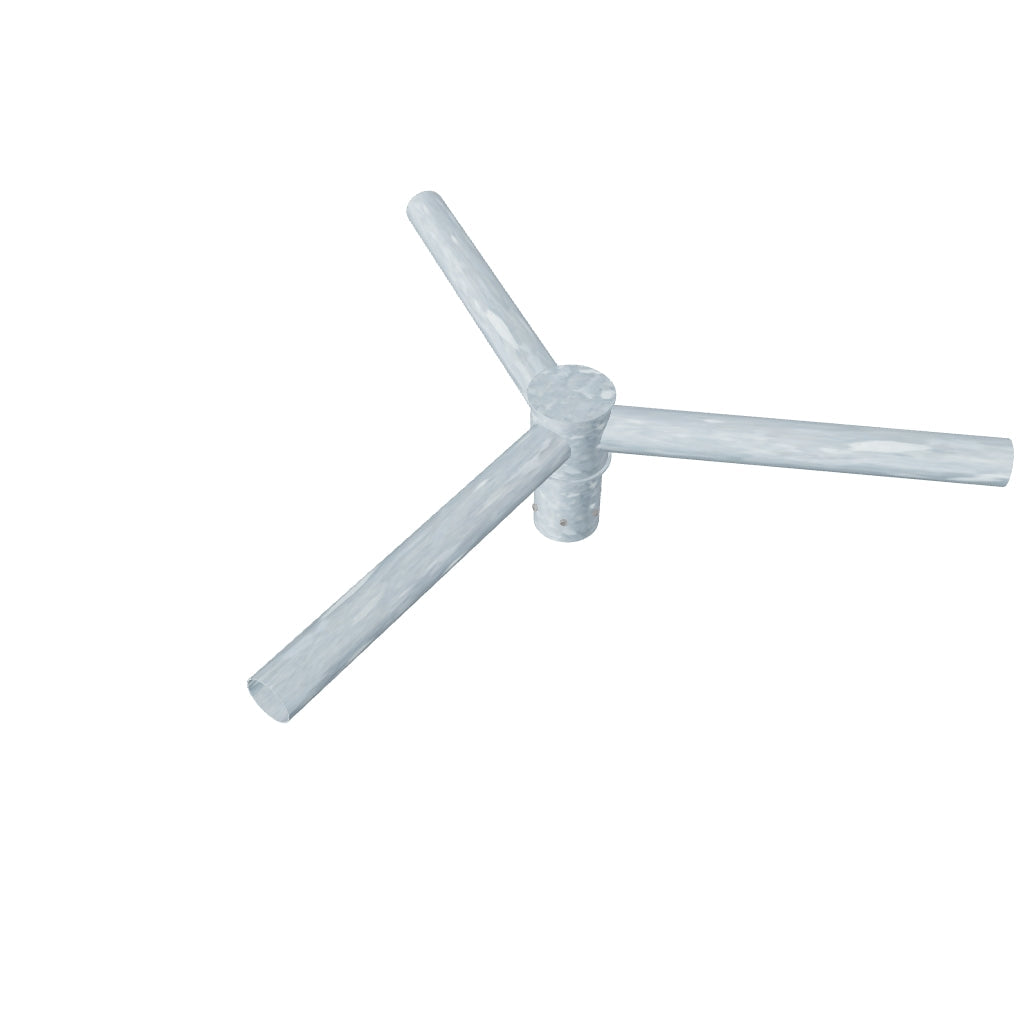 Triple galvanized steel lantern bracket with 200–500 mm outreach arms, for 3–12 m columns (42–76 mm diameter outreach), with cable routing and fixing points.
