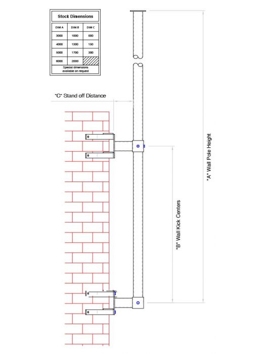 Technical diagram of a wall-mounted corner CCTV pole with dual fixing brackets, showing pole height, bracket spacing, and standoff dimensions for installation.